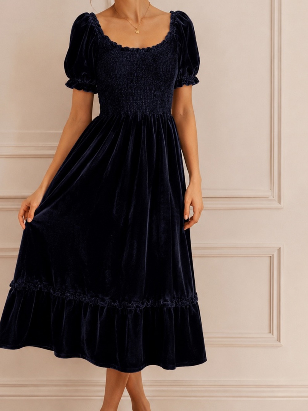 Hill House Midnight Navy Velvet Puff Sleeve Midi Dress